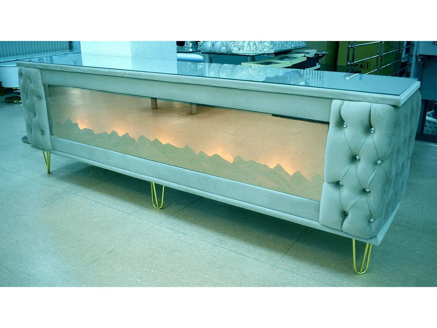 Chesterfield Kamin Lowboard "Mina" 160 cm 200 cm Farbauswahl Glas
