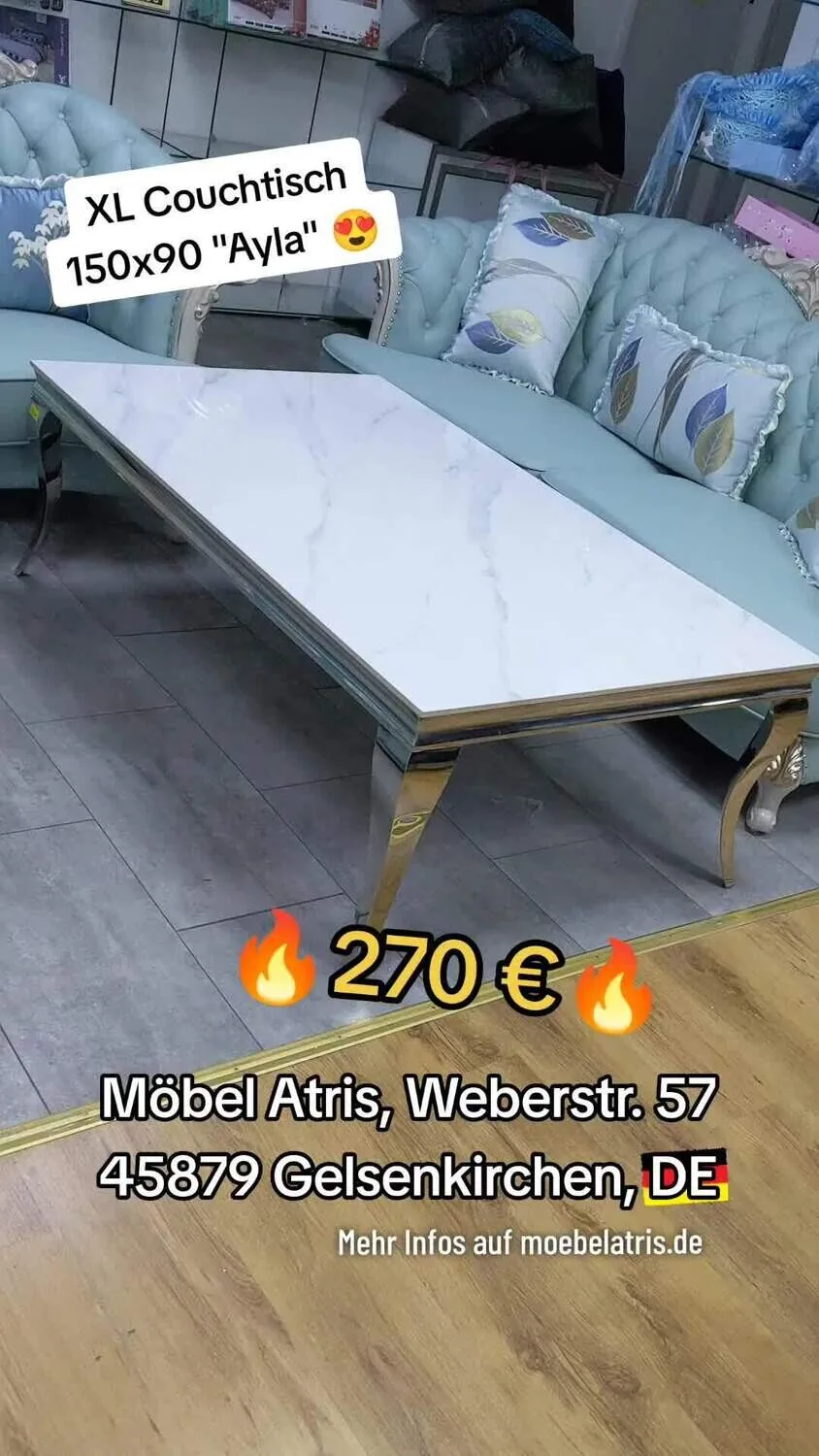XL Couchtisch "Ayla" 150 cm Weiss Silber Marmor-Design Wohnzimmer