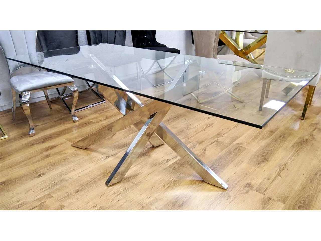 Design Esstisch "Ava" 180x90 Glasplatte Silber Esszimmer