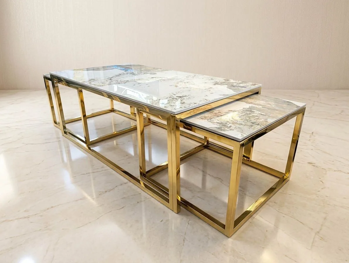 Couchtisch + 2 Beisteller "Tom" Weiss Gold Marmor-Design Wohnzimmer