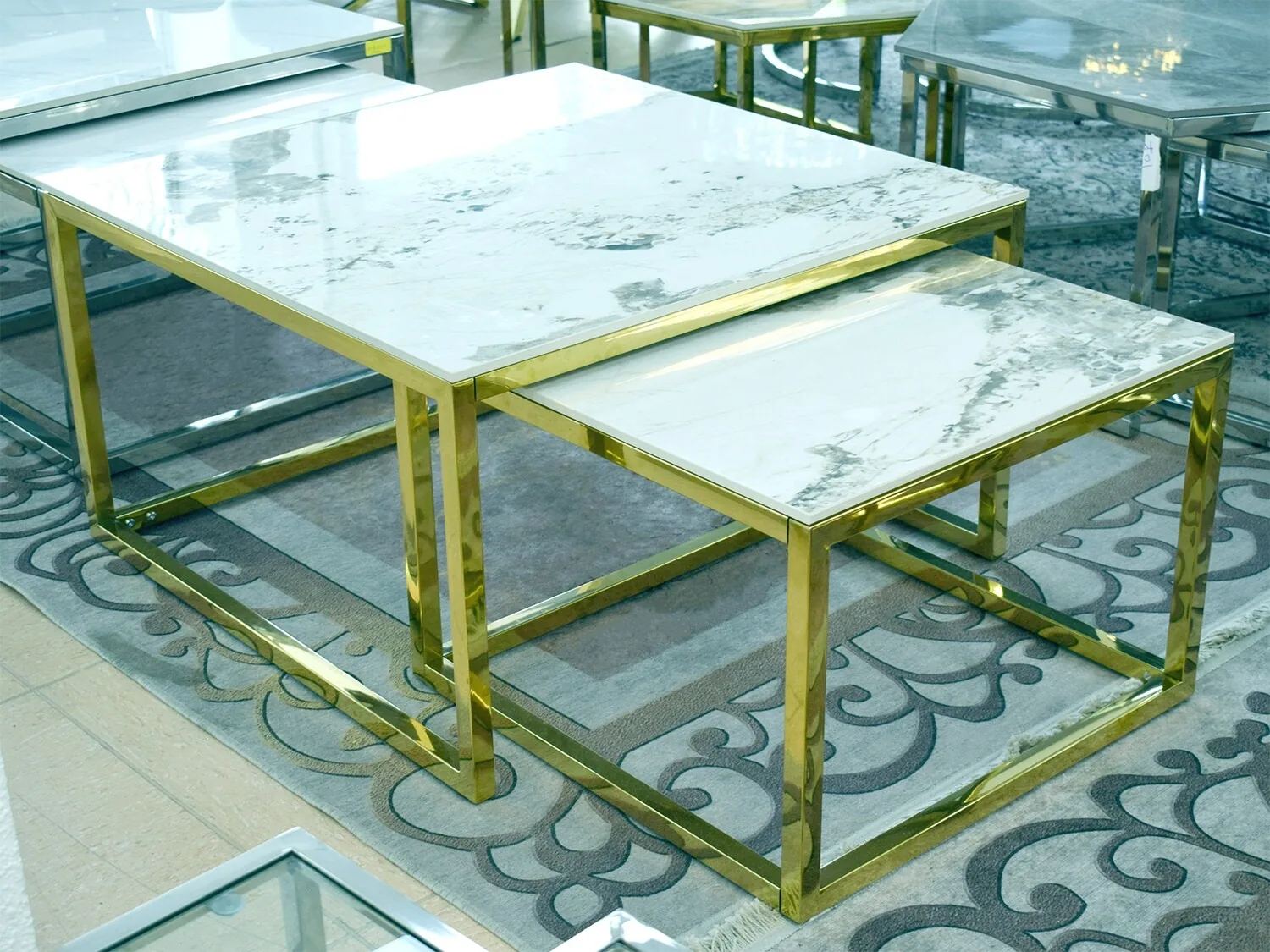 2er-Set Couchtisch "Tom" Weiss Gold Marmor-Design