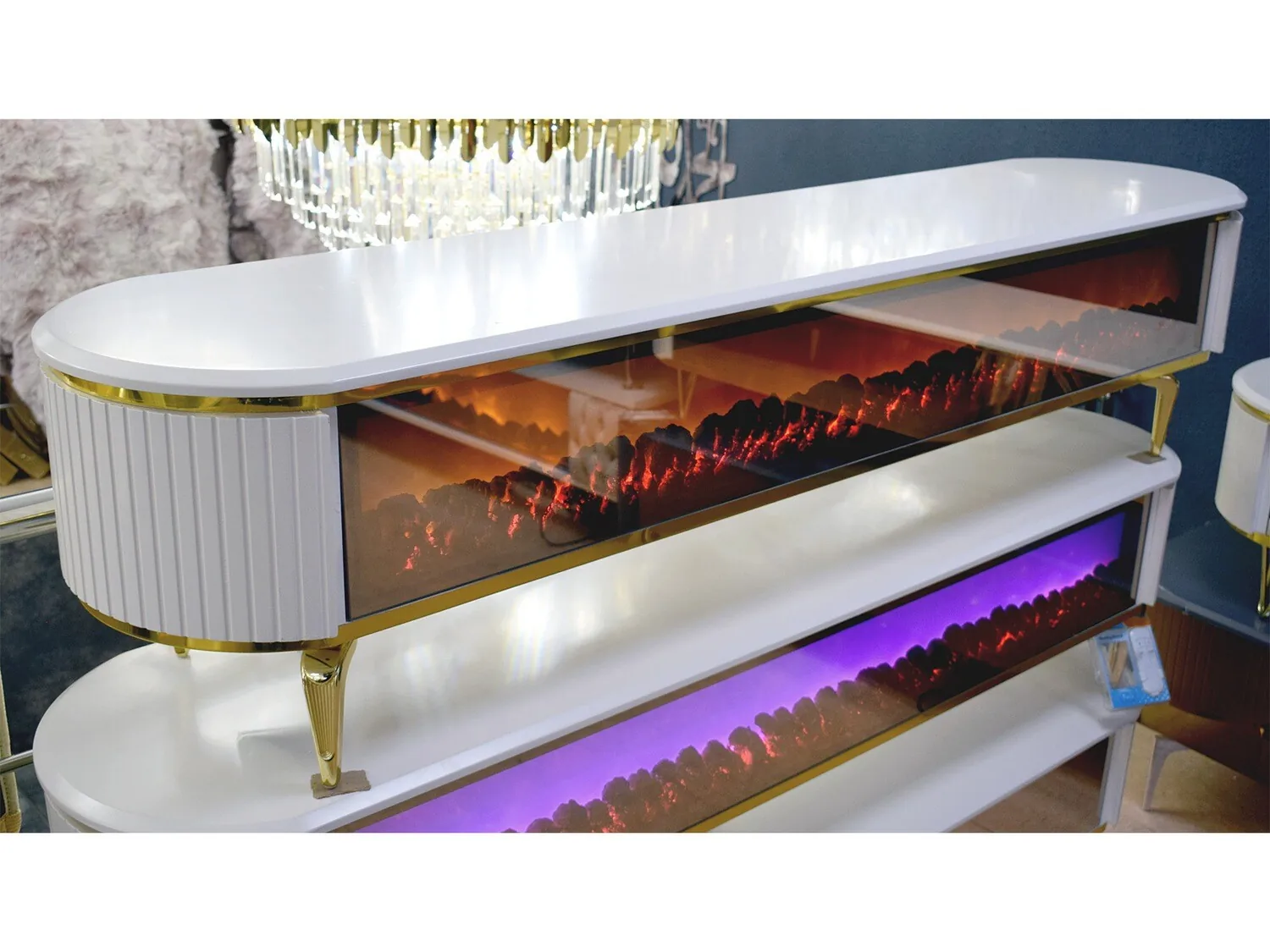 TV Lowboard "Cuba" 180 cm Deko-Kamin Weiss Gold