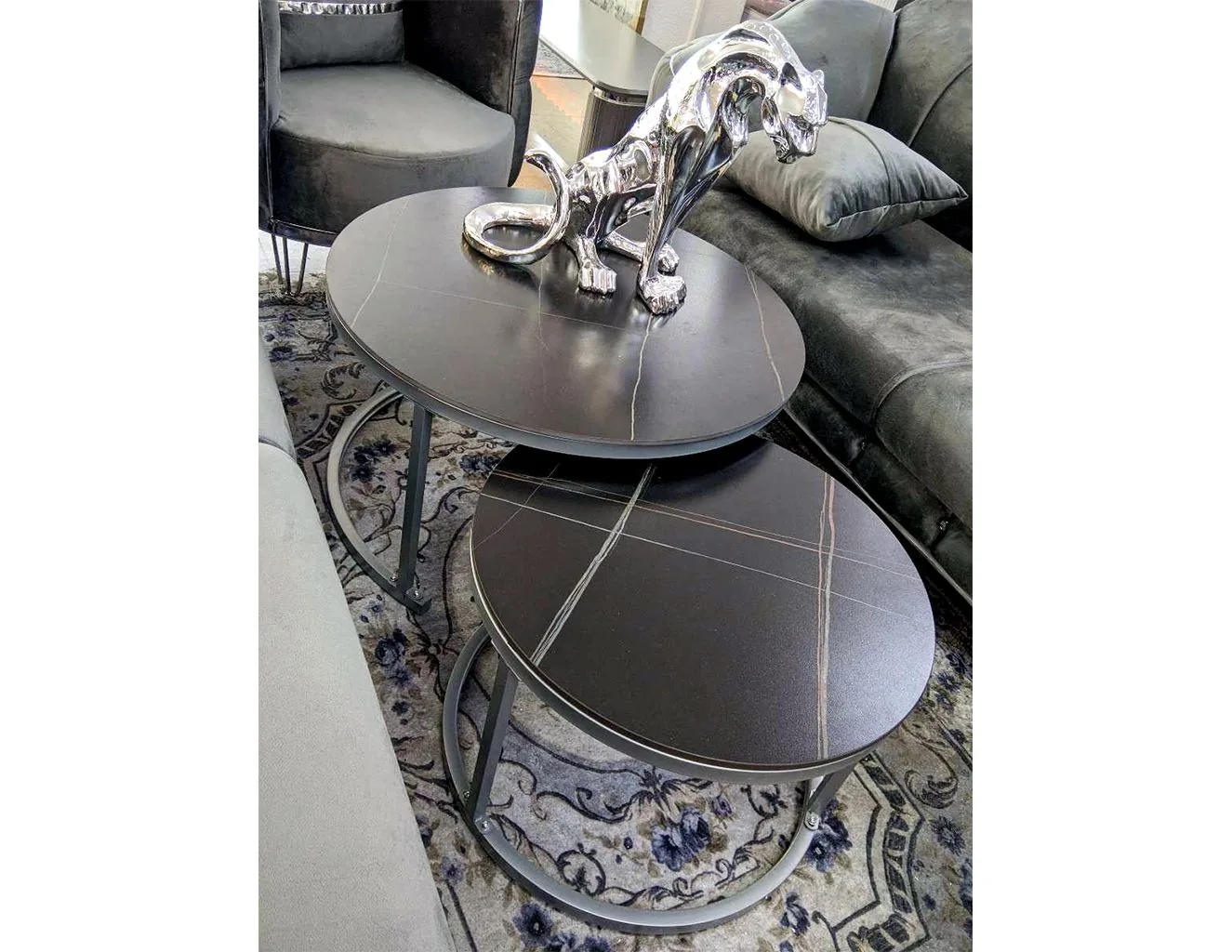 2er-Set Couchtisch Schwarz Grau Marmor-Design Wohnzimmer