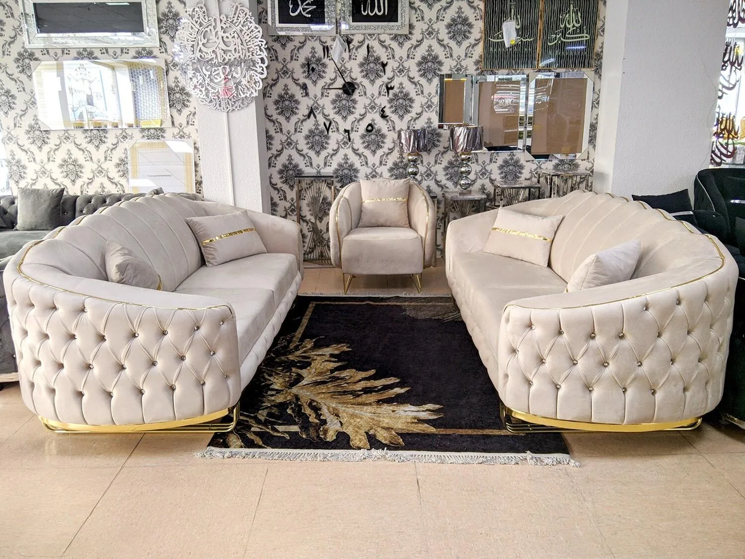 Chesterfield Sofa 3-3-1 "Manchester" Beige Gold Couch Garnitur