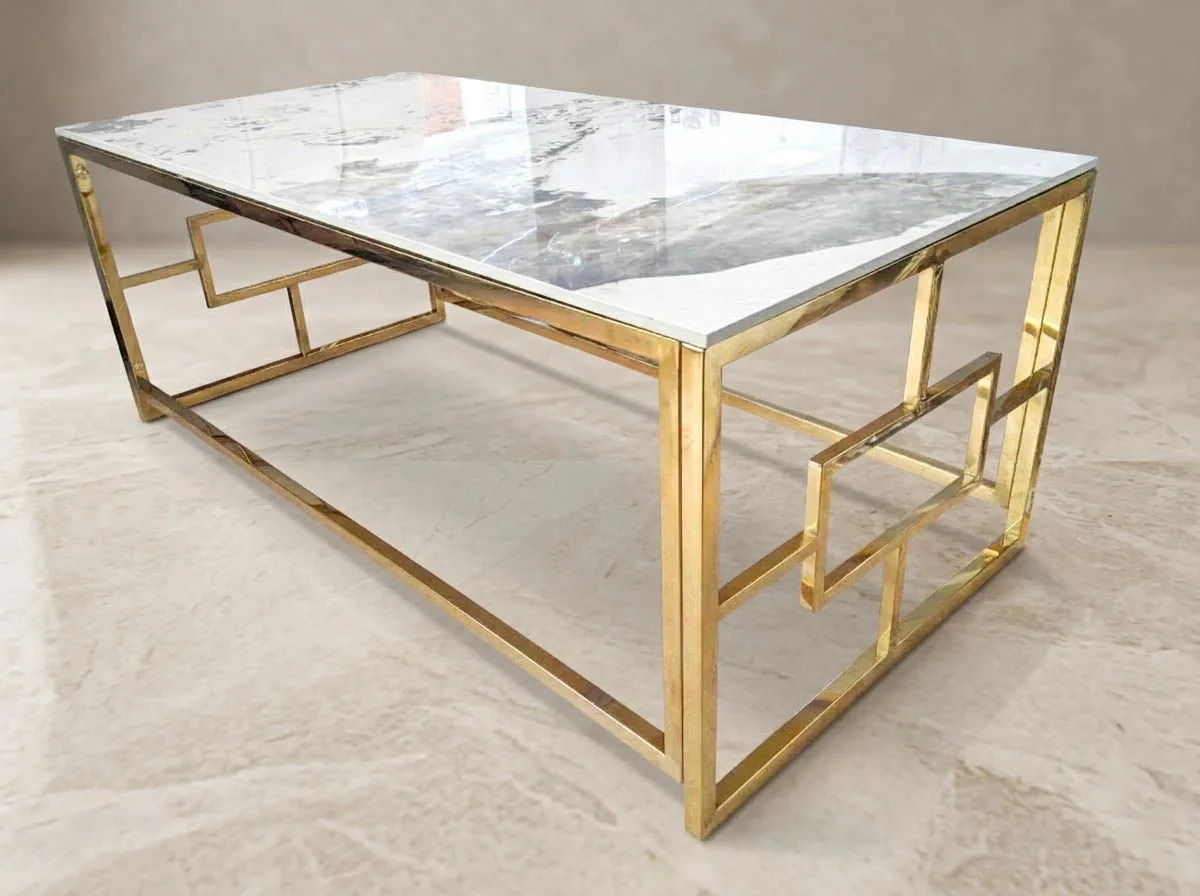 Couchtisch 120x60 "Han" Creme Gold Marmor-Design Wohnzimmer