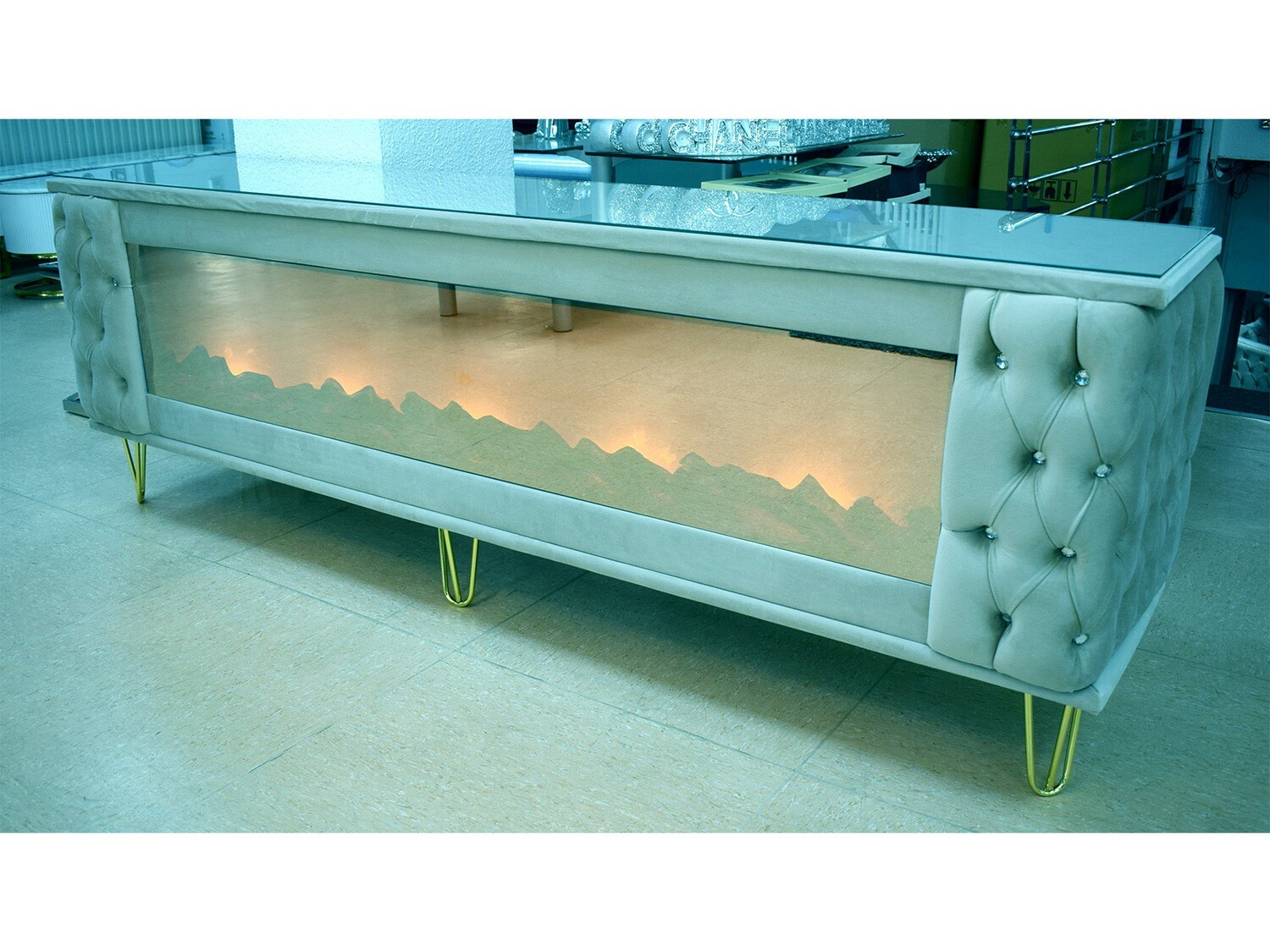 Chesterfield Kamin Lowboard "Mina" 200 cm Farbauswahl Glas