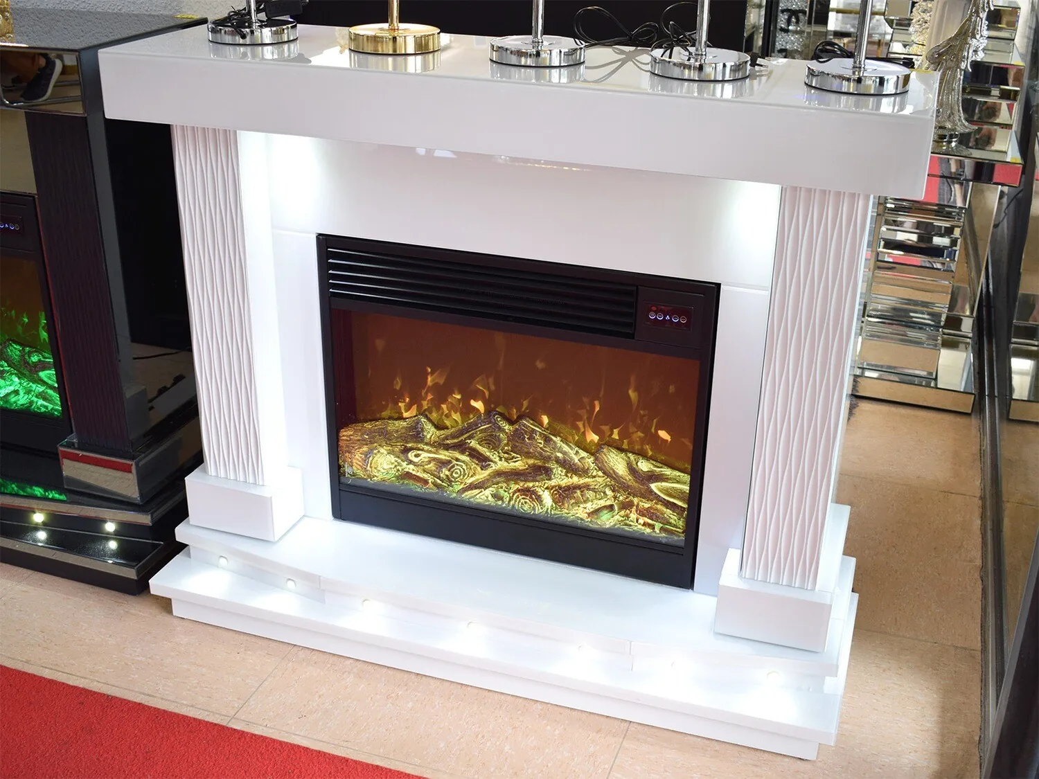 LED Kamin "Tempel" Weiss Farbwechsel Bluetooth Heissluft Fernbedienung