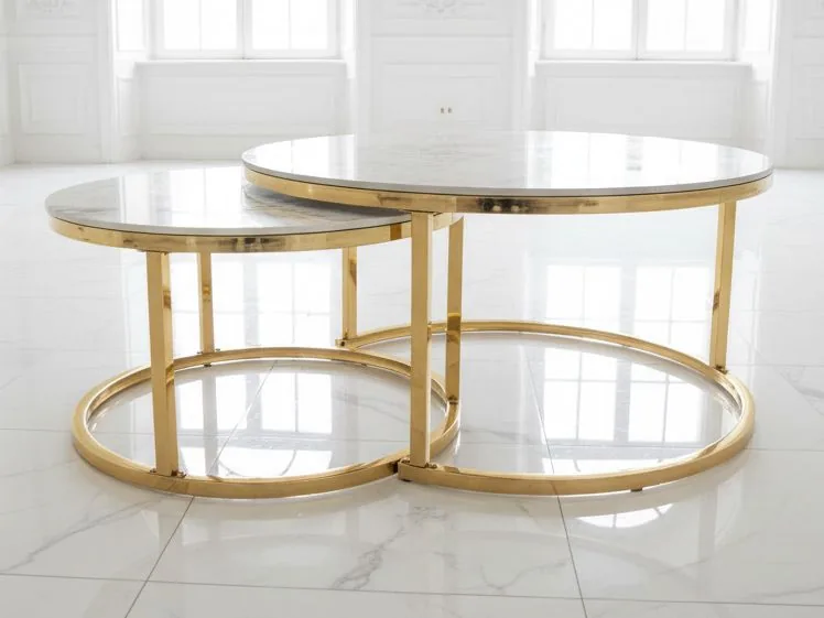 2er-Set Couchtisch "Markus" Weiss Gold Marmor-Design