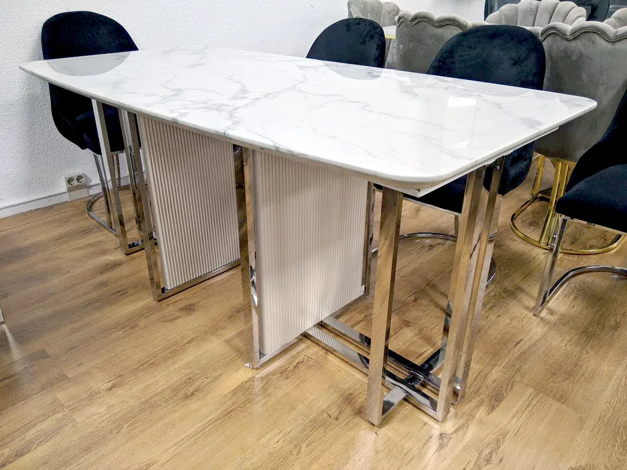 Esstisch 180x90 "Roxy" Weiss Silber Esszimmer Marmor-Design Küche