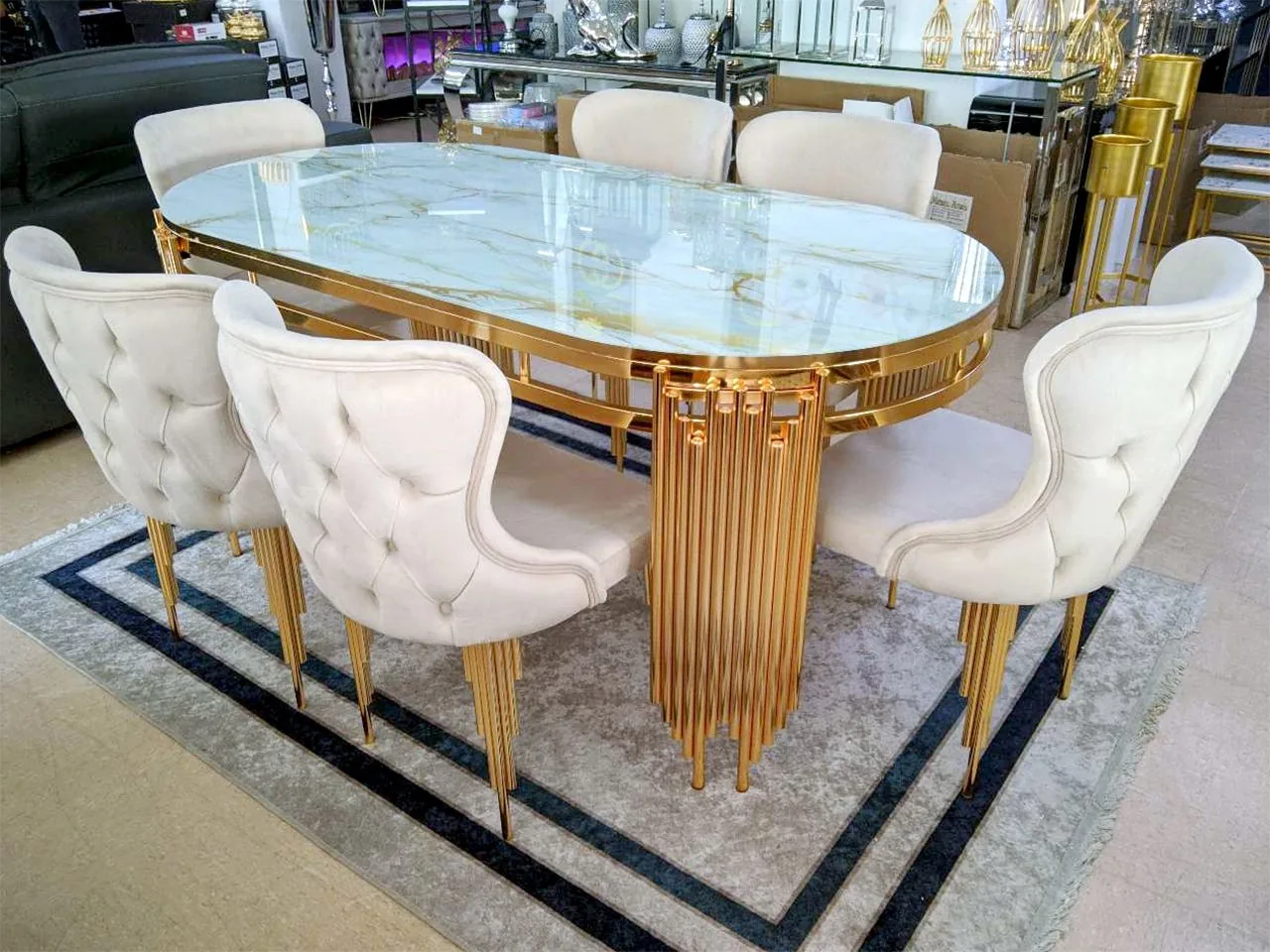 Esszimmer-Set "Piano" mit Esstisch Weiss Gold + 6 Stühle Beige Gold