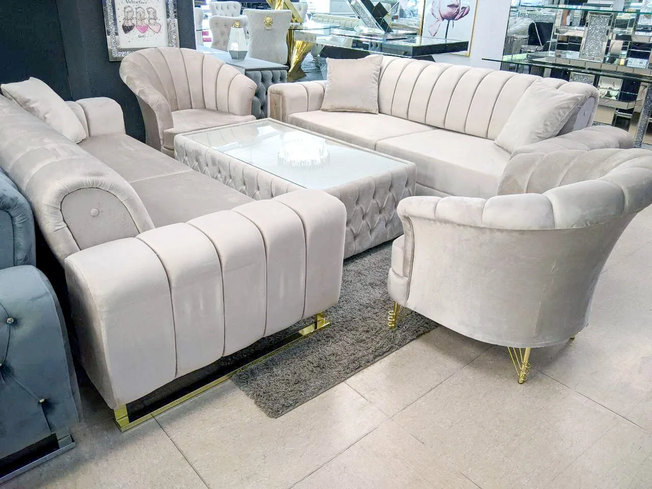 Design 3-3-1 Schlaf Sofa "Athen" Beige Gold Couch Garnitur