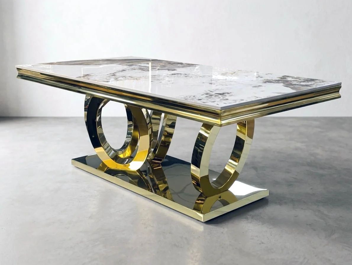 Design Couchtisch "Gloria" 130x70 Weiss Marmor-Optik Gold Wohnzimmer