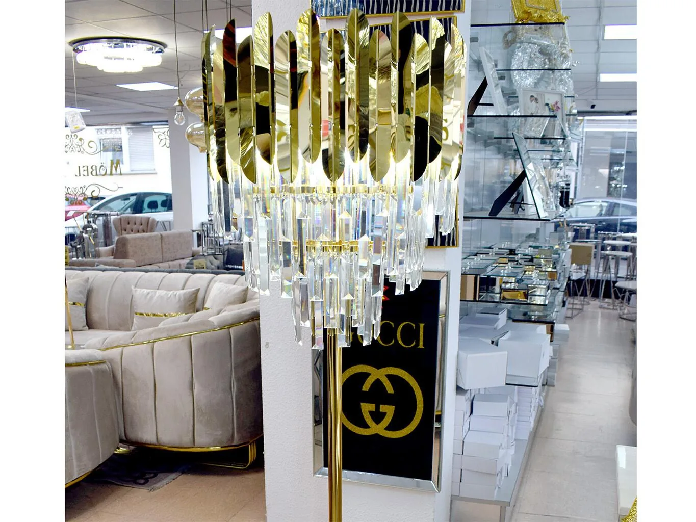Deko Stehlampe "Palast" Gold Steine Design + LED