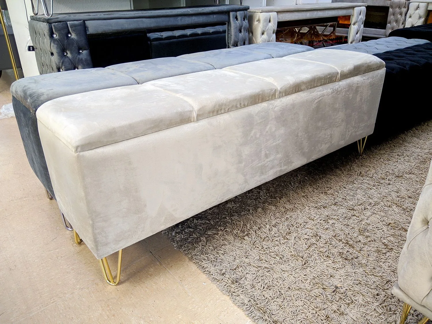 Design Sitzbank "Nick" Beige Gold Truhe Stauraum
