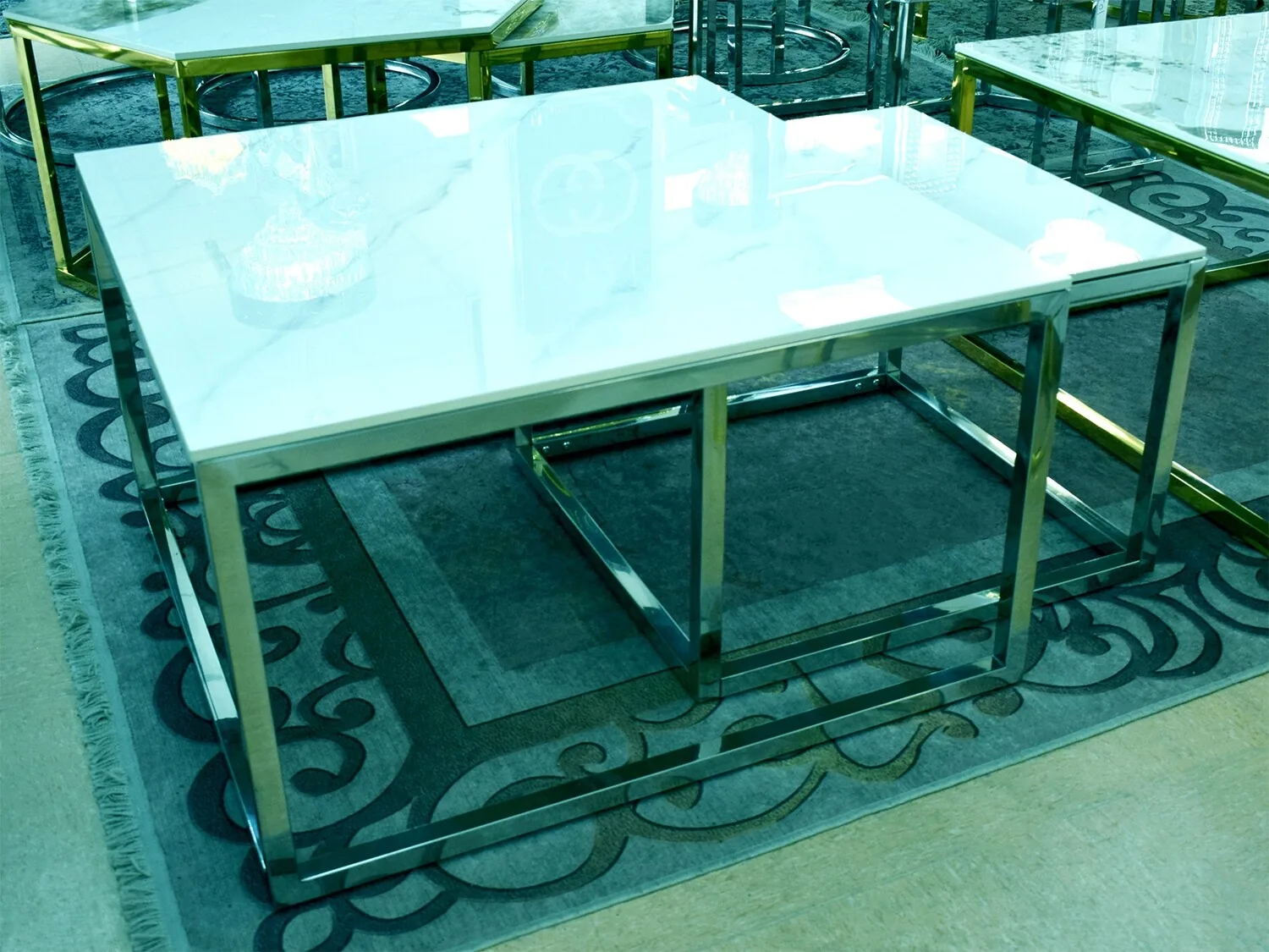 2er-Set Couchtisch "Tom" Weiss Silber Marmor-Design