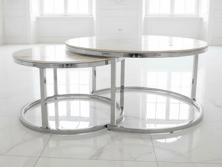 2er-Set Couchtisch "Markus" Weiss Silber Marmor-Design