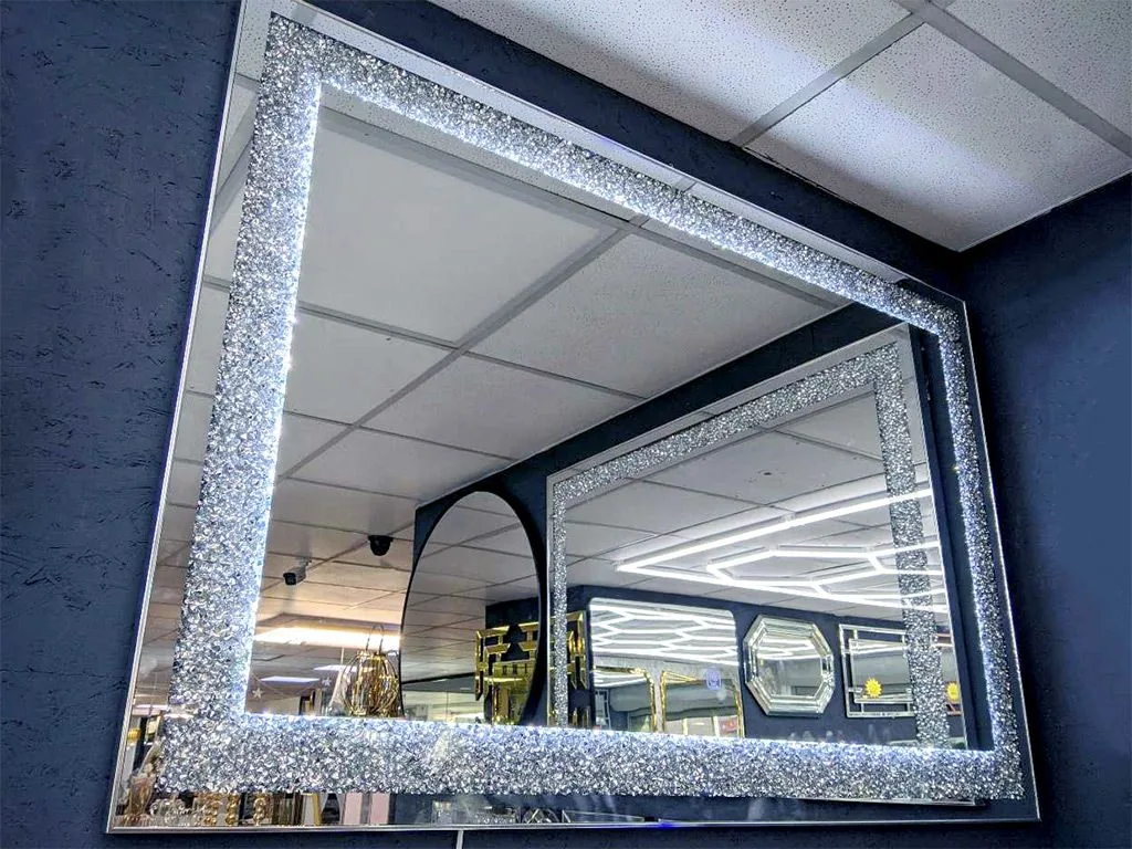LED Wandspiegel 120x80 "Lux" Diamant-Design Crushed Ice Silber