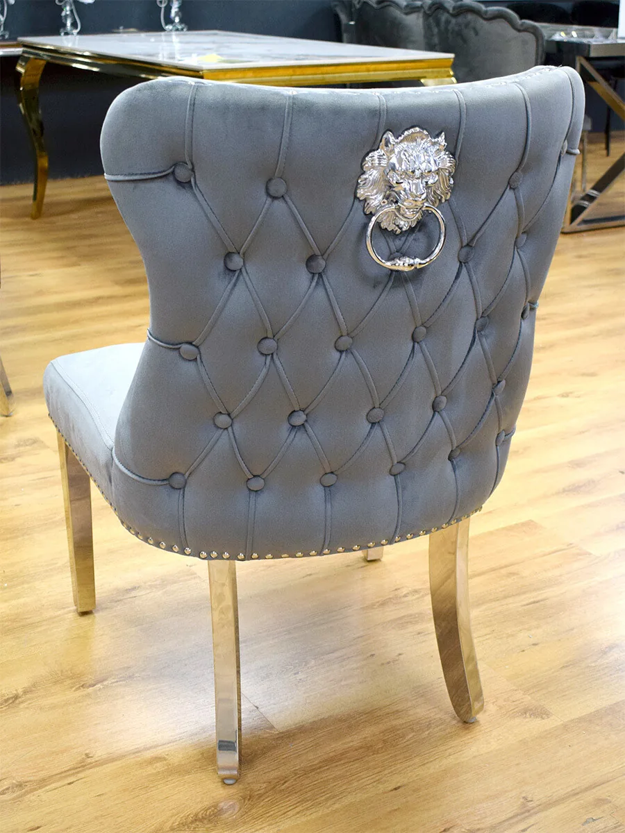 Luxus Chesterfield Stuhl "Ruby" Grau Silber Löwe Esszimmer