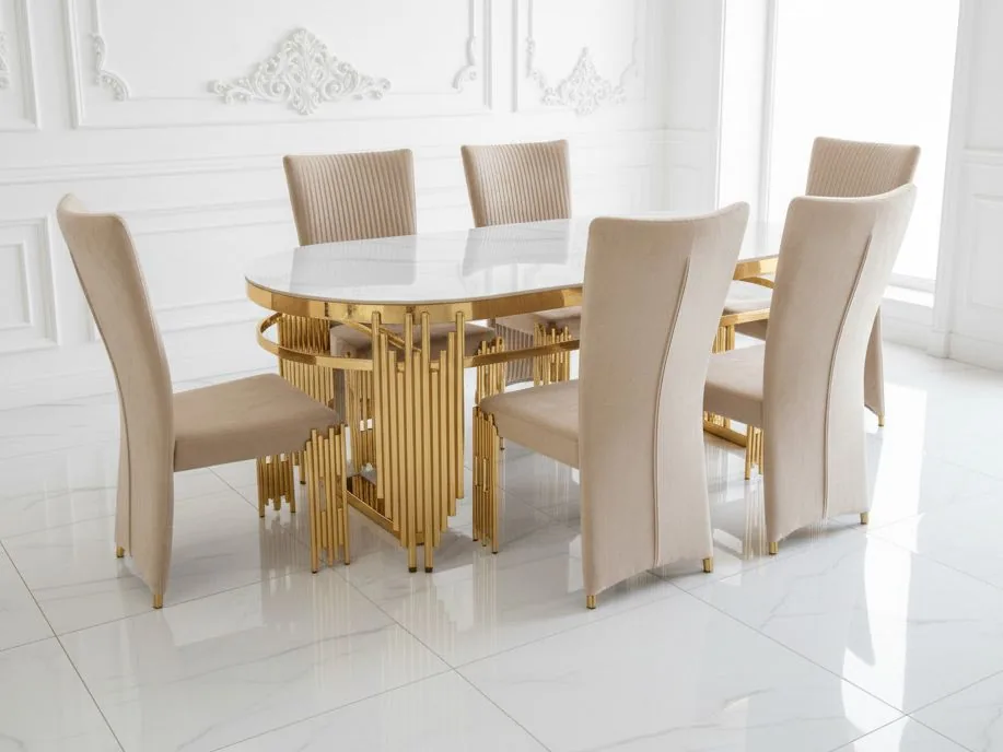 Esszimmer-Set "Piano" mit Esstisch Weiss Gold + 6 Stühle Beige Gold