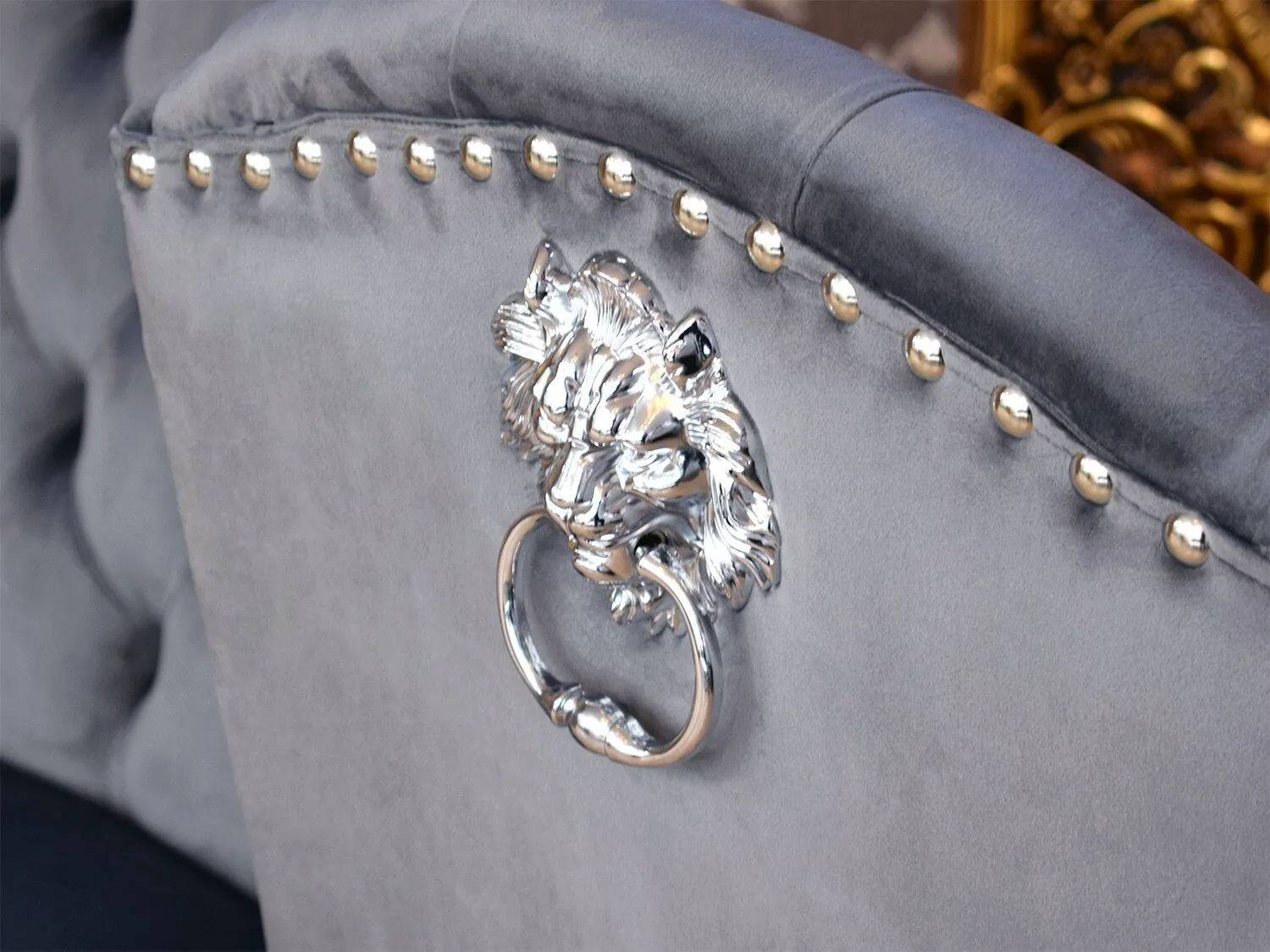 Luxus Chesterfield Stuhl "Nizza" Grau Silber Löwe Esszimmer