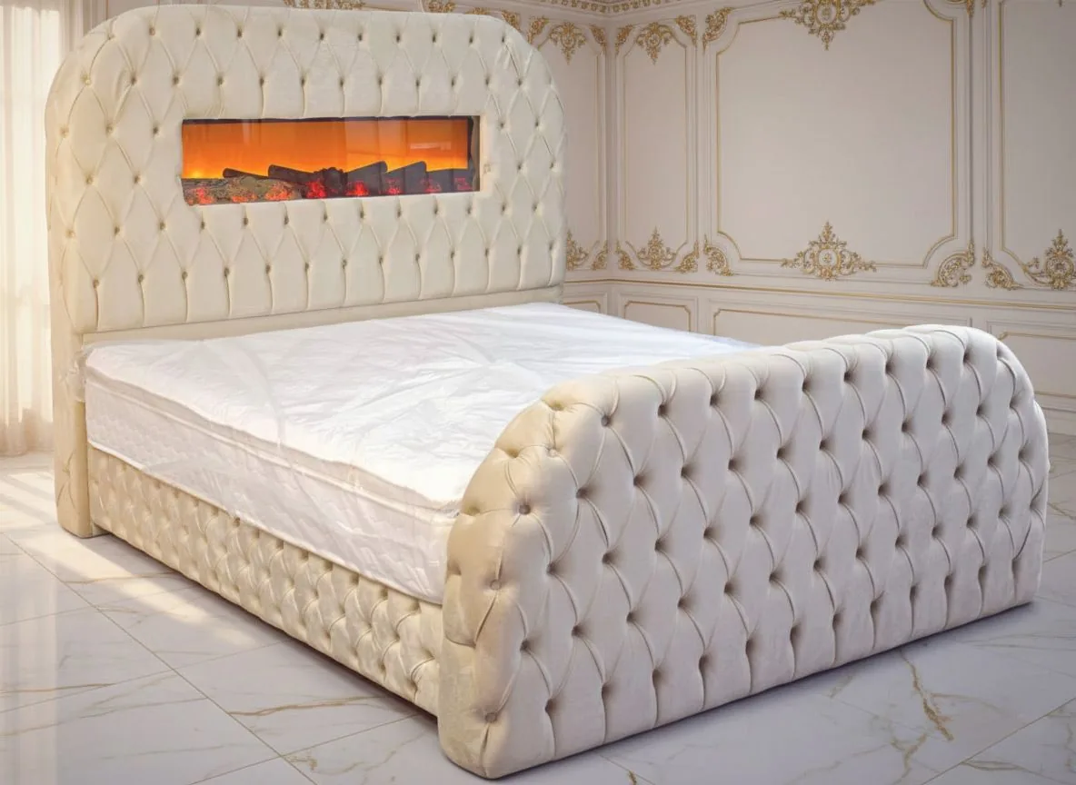 XL Chesterfield Bett "Rubin" Farbauswahl Deko-Kamin Matratze Bluetooth