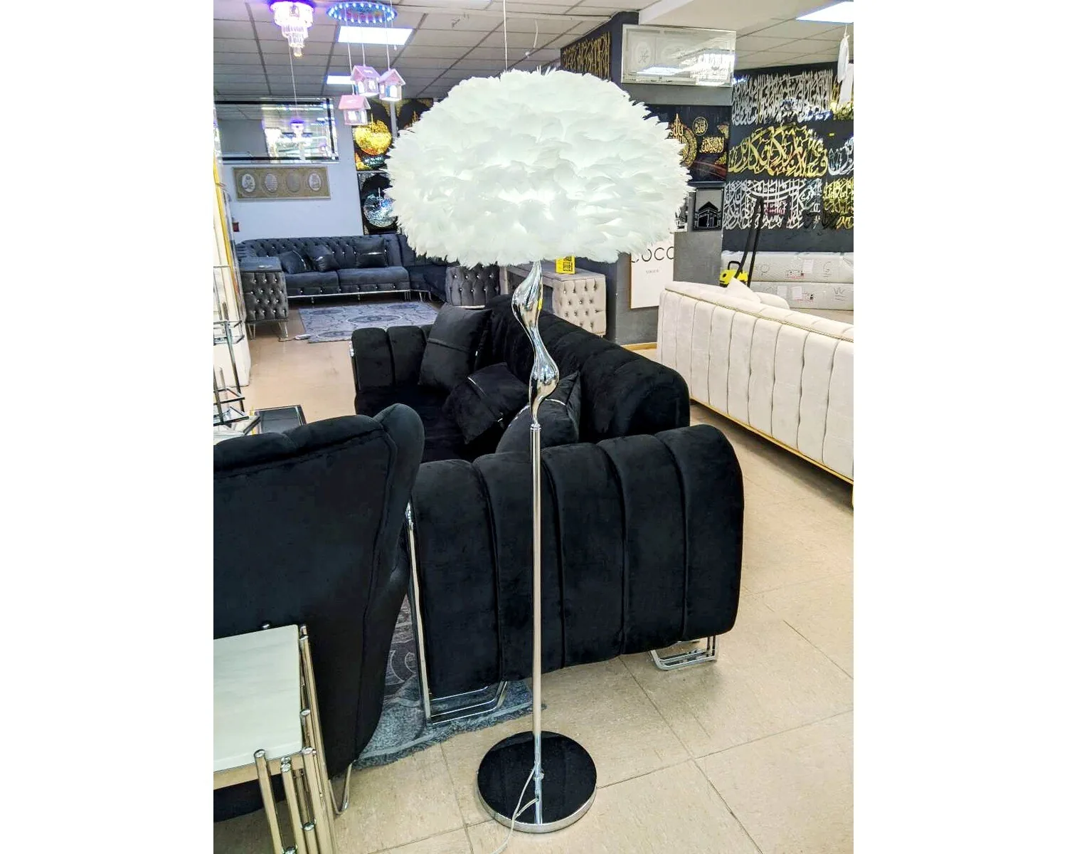 Deko Stehlampe "Soft" Weiss Silber Federn Design