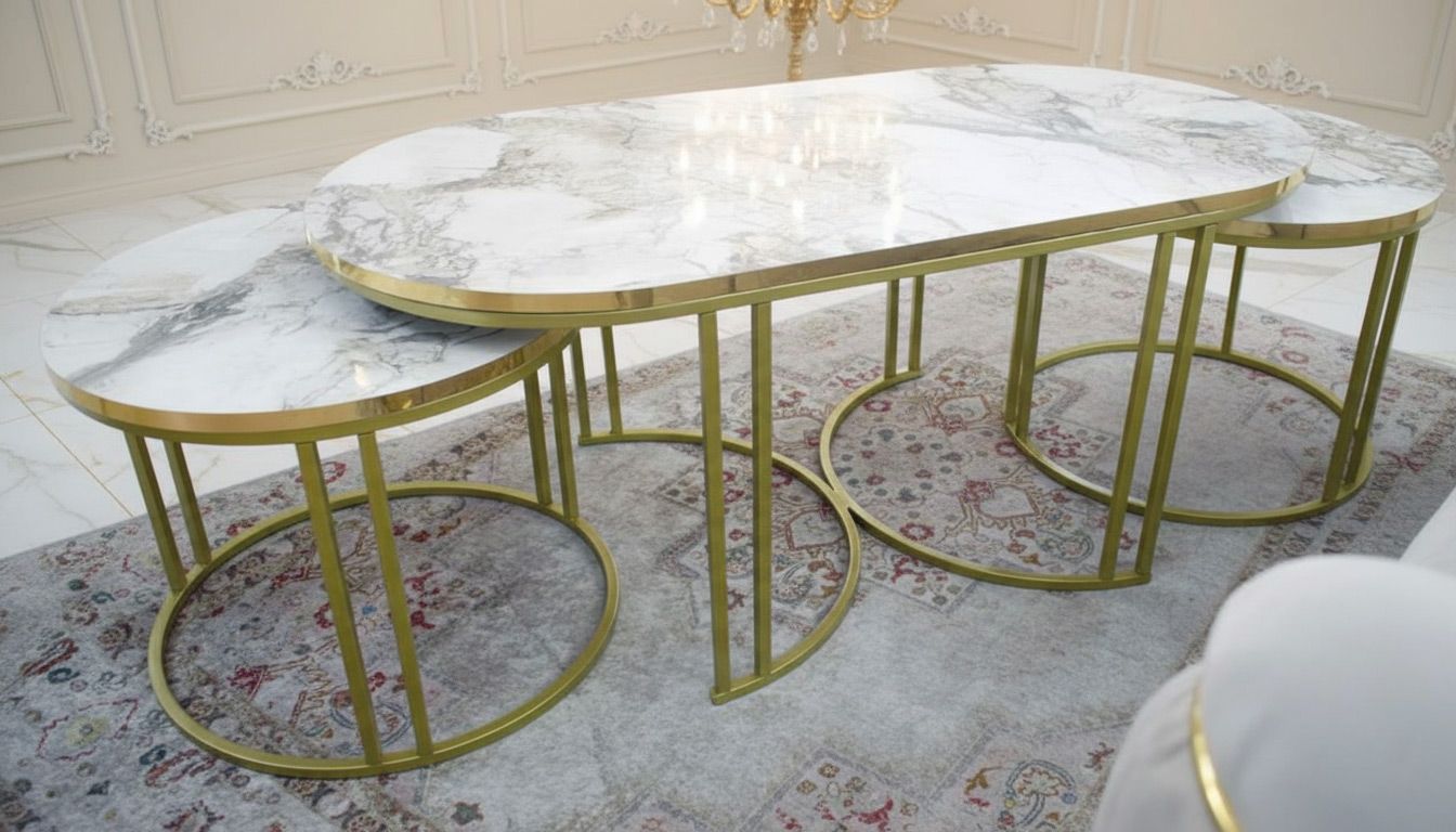 Couchtisch + 2 Beisteller Set "Sky" Weiss Gold Marmordesign