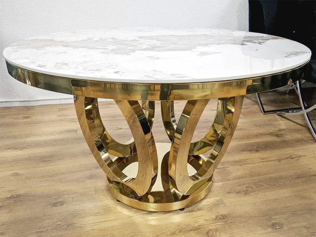 Design Esstisch Rund "Gloria" Ø ca. 130 cm Weiss Gold Marmor-Optik