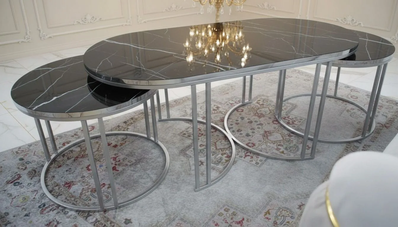 Couchtisch + 2 Beisteller Set "Sky" Schwarz Silber Marmordesign