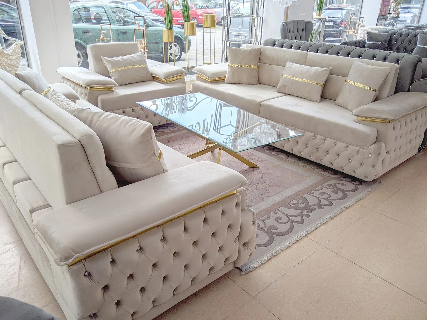 Chesterfield Schlafsofa "Komfort" Beige Gold Farbauswahl 3-3-1 Komfort