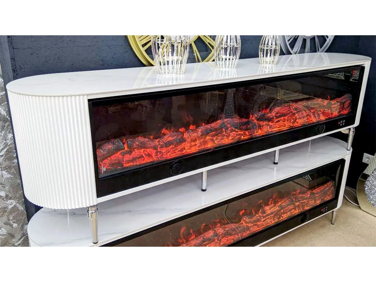 TV Lowboard Kamin "Timo" 200 cm Weiss Schlicht Wohnzimmer