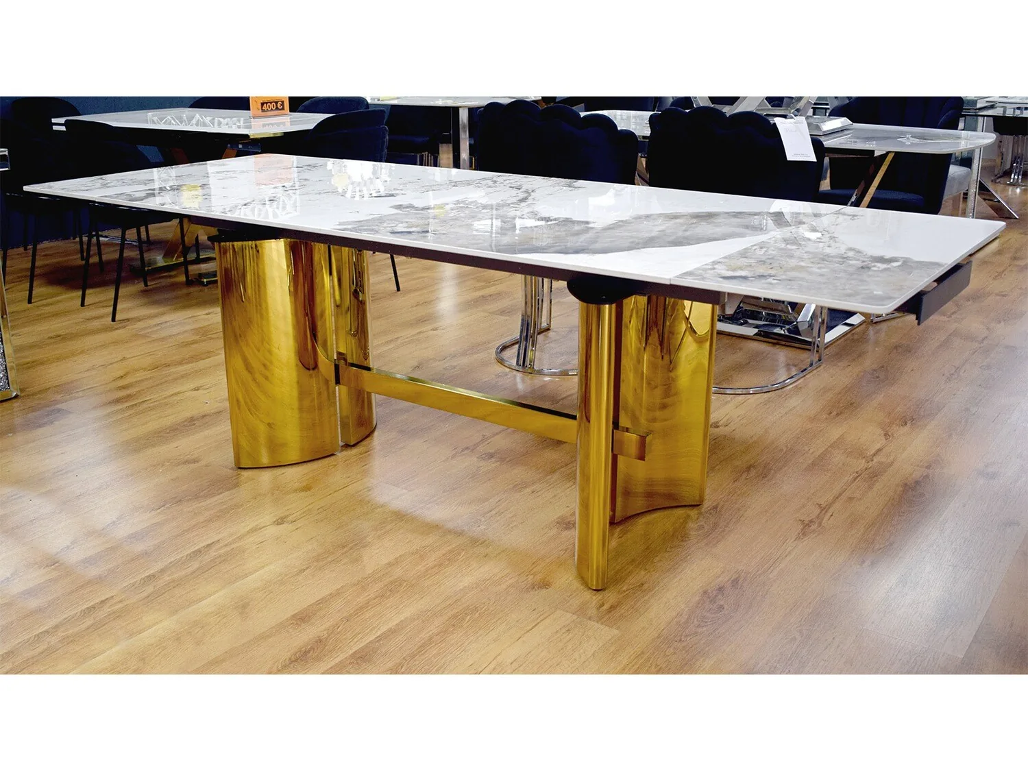 Esstisch "Marta" Ausziehbar 160 zu 230 cm Weiss Gold Marmor-Design