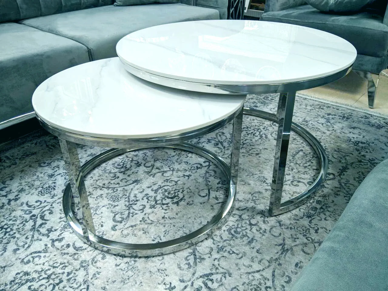 2er-Set Couchtisch "Markus" Weiss Silber Marmor-Design