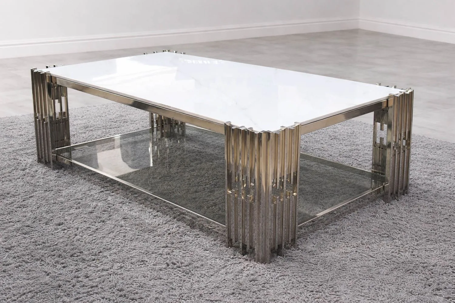 Design Couchtisch "Piano 2" 130x70 Weiss Silber Marmor-Design