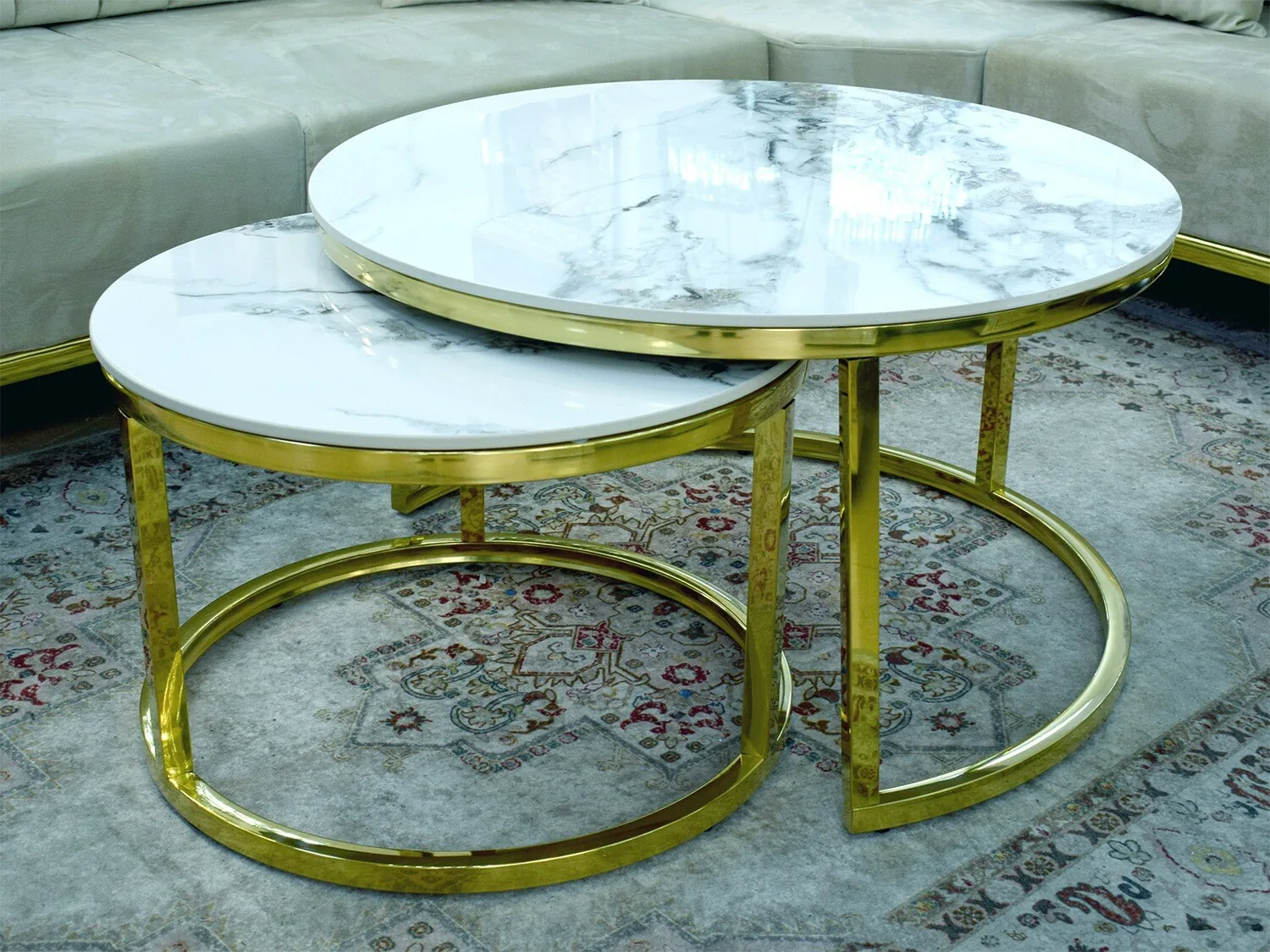 2er-Set Couchtisch "Markus" Weiss Gold Marmor-Design
