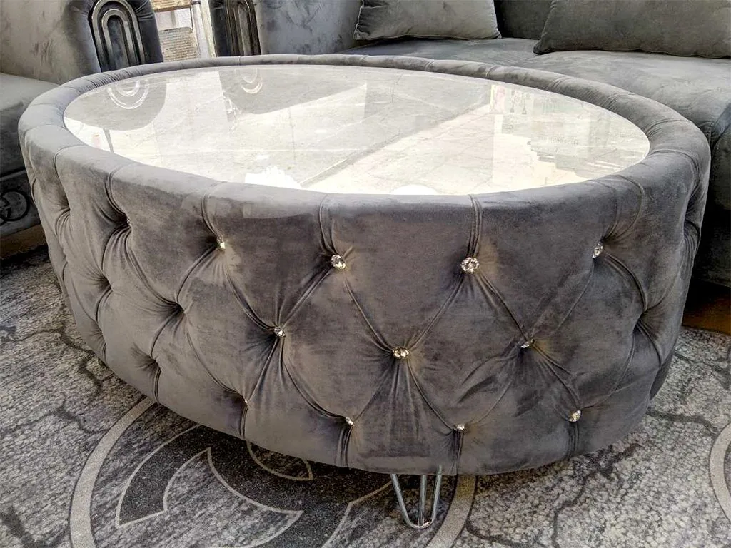 Chesterfield Couchtisch "Patrick" Grau Silber Mamor-Design Glasplatte Wohnzimmer
