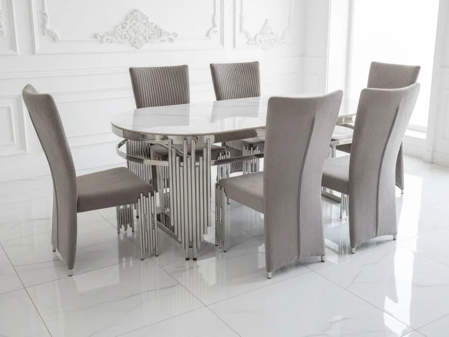 Esszimmer-Set "Piano" mit Esstisch Weiss Silber + 6 Stühle Grau Silber